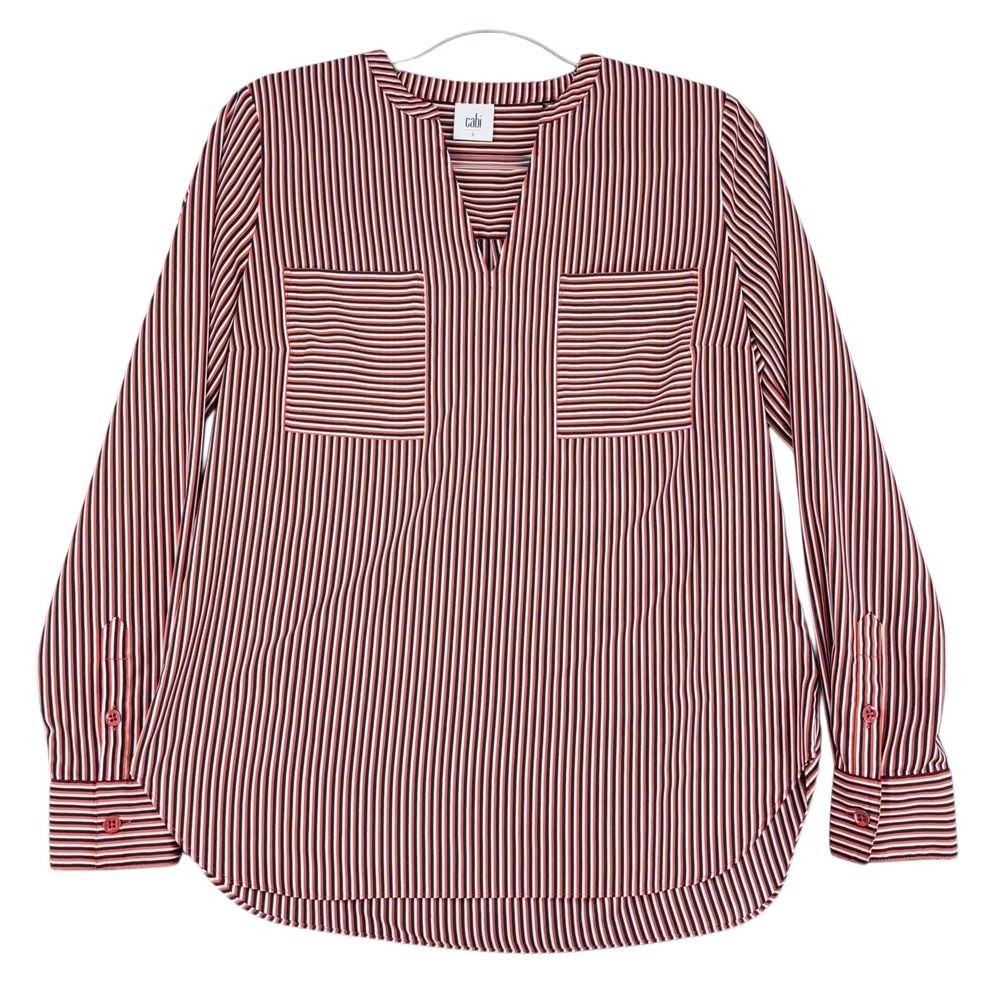 Cabi Womens Striped Button Up Shirt Size S Long Sleeve V Neck Pockets